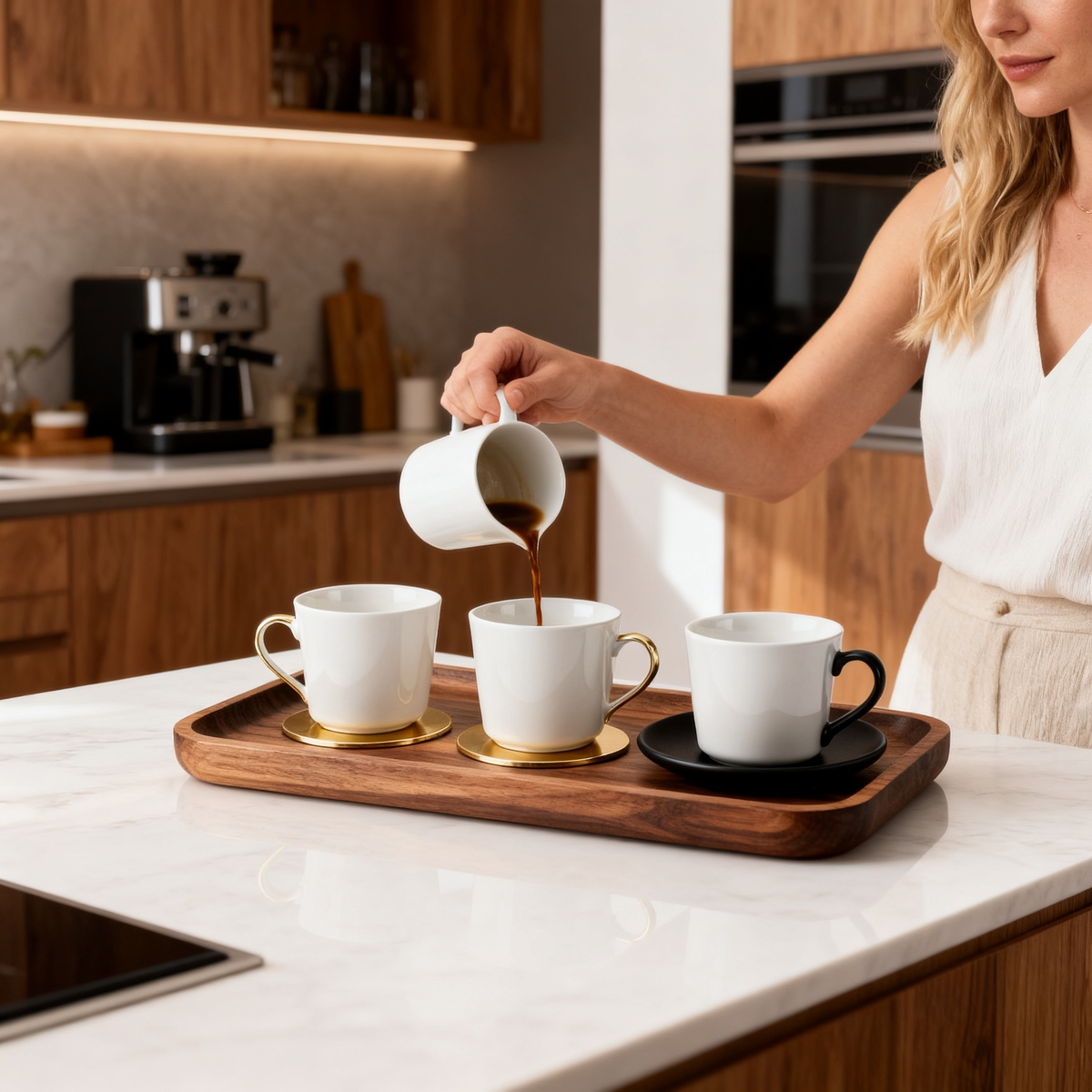 ☕ Natural Wood Coffee Cup Serving Tray Elegant Wooden Coffee Tray Set — Create A Warm & Stylish Home Café Experience With Timeless Design