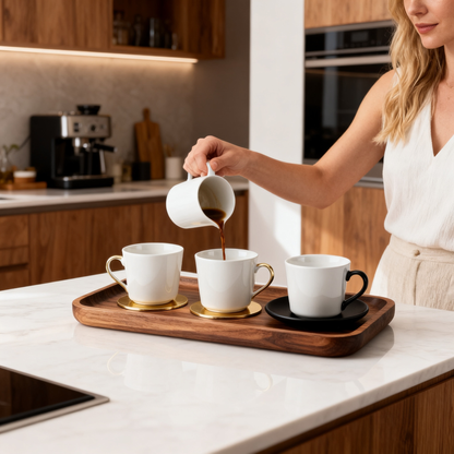 ☕ Natural Wood Coffee Cup Serving Tray Elegant Wooden Coffee Tray Set — Create A Warm & Stylish Home Café Experience With Timeless Design