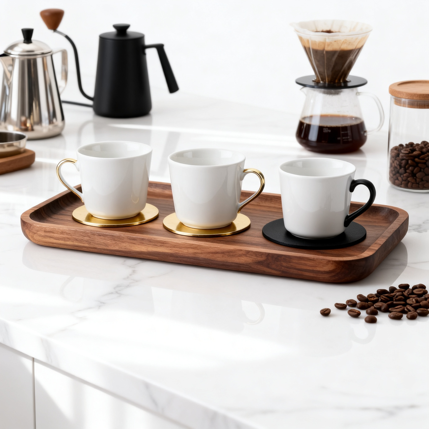 ☕ Natural Wood Coffee Cup Serving Tray Elegant Wooden Coffee Tray Set — Create A Warm & Stylish Home Café Experience With Timeless Design