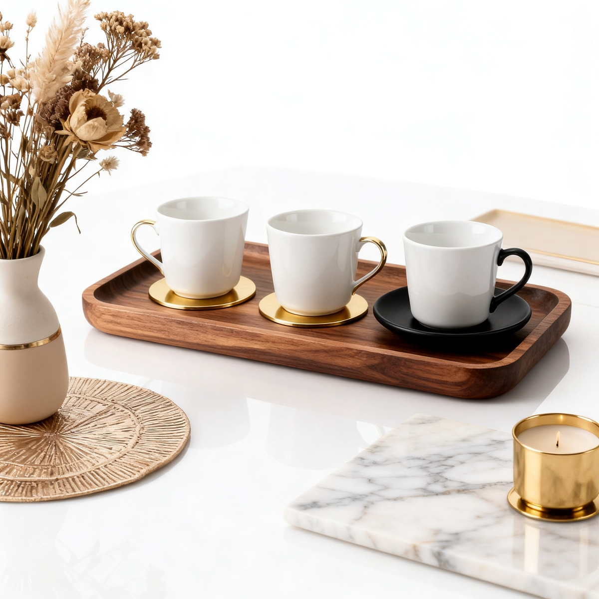 ☕ Natural Wood Coffee Cup Serving Tray Elegant Wooden Coffee Tray Set — Create A Warm & Stylish Home Café Experience With Timeless Design