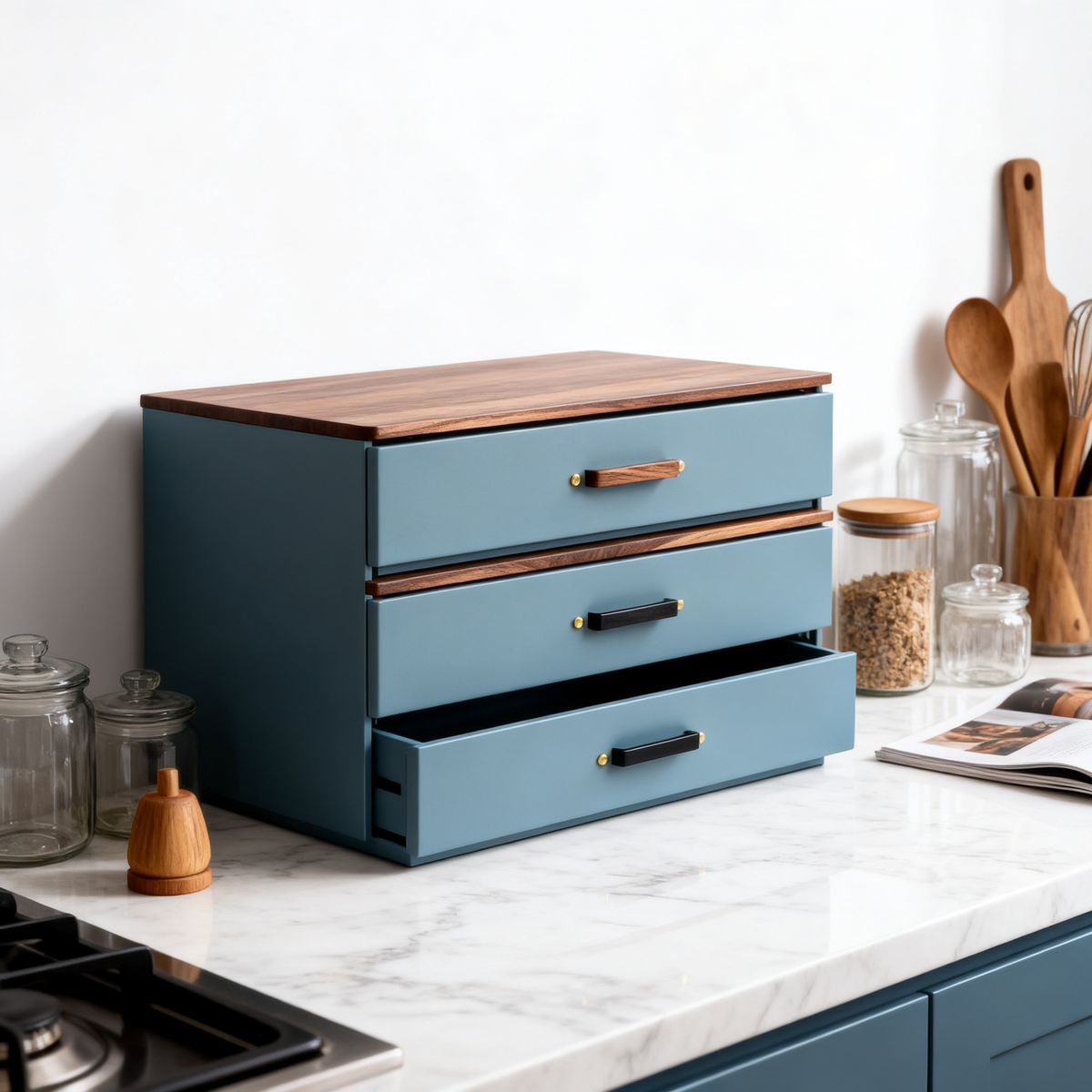 💙 Deep Blue 3-Tier Kitchen Drawer Organizer Transform everyday kitchen clutter into a beautifully organized and effortlessly functional space
