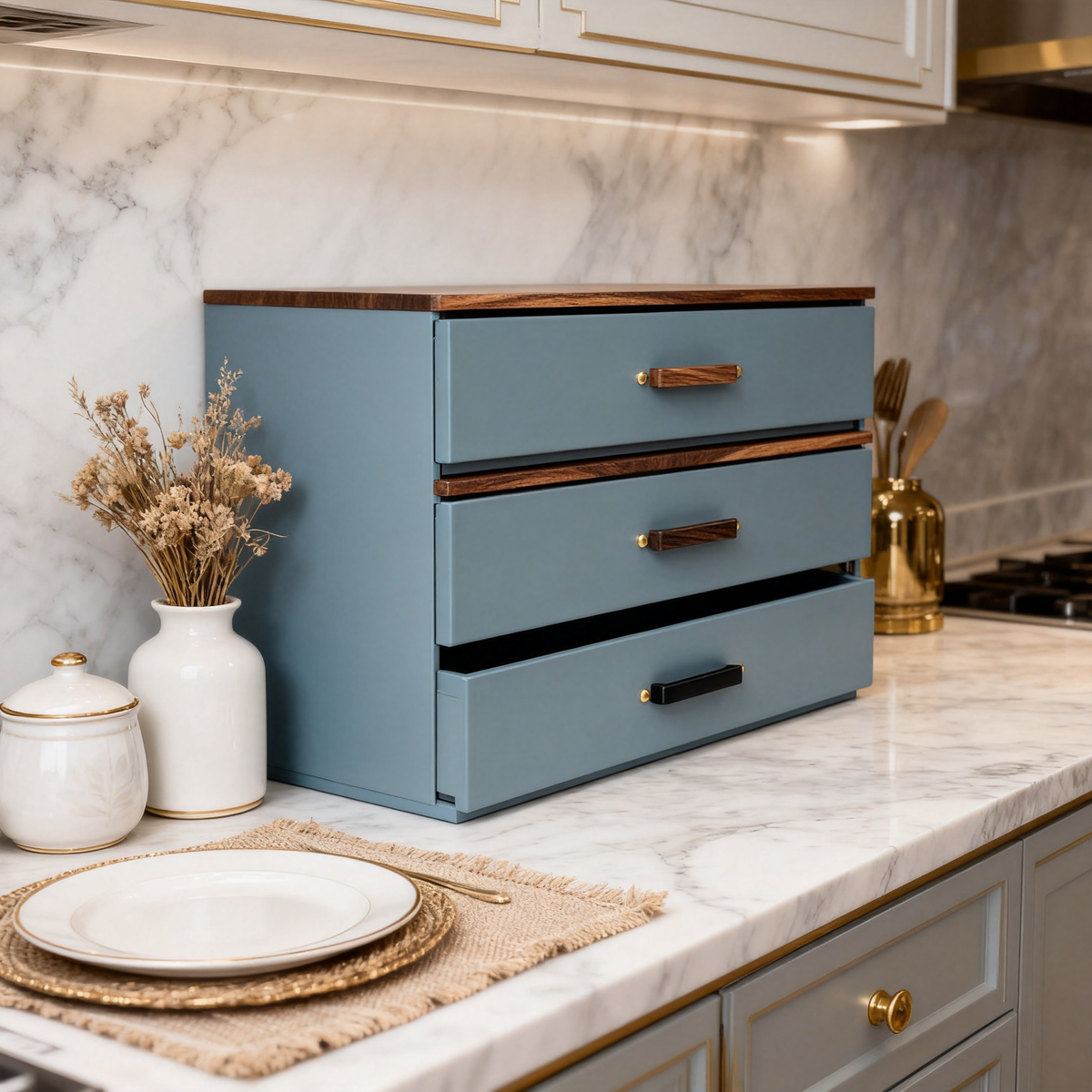 💙 Deep Blue 3-Tier Kitchen Drawer Organizer Transform everyday kitchen clutter into a beautifully organized and effortlessly functional space