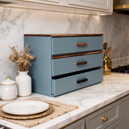 💙 Deep Blue 3-Tier Kitchen Drawer Organizer Transform everyday kitchen clutter into a beautifully organized and effortlessly functional space