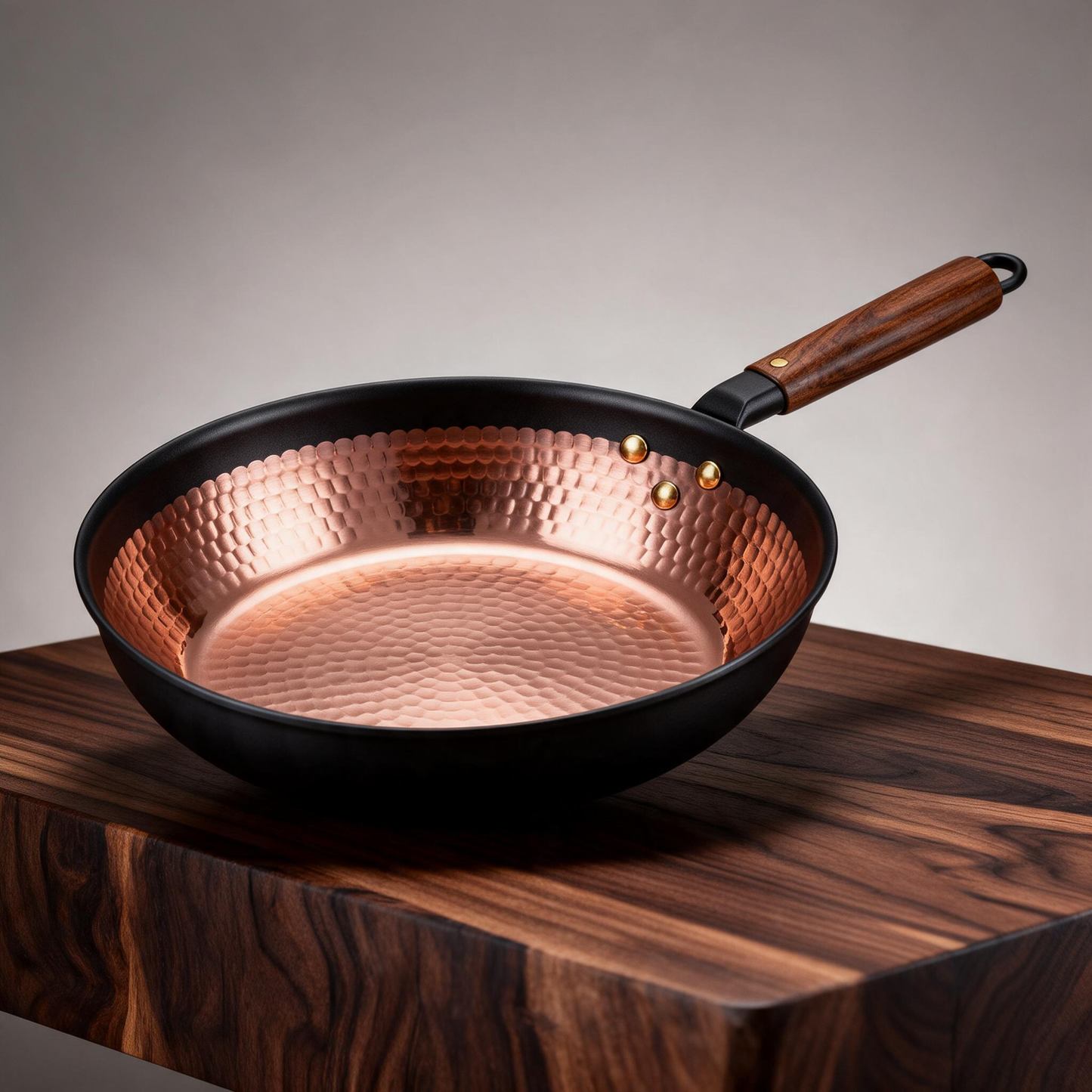 Hammered Copper Non-Stick Skillet | Hand-Forged Rose Copper Interior | Walnut Wood Handle | Brass Rivet Craftsmanship