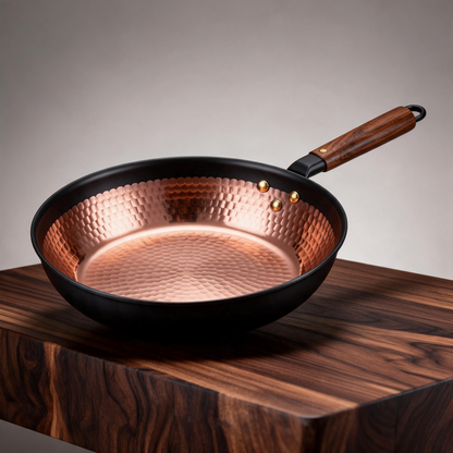 Hammered Copper Non-Stick Skillet | Hand-Forged Rose Copper Interior | Walnut Wood Handle | Brass Rivet Craftsmanship