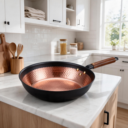 Hammered Copper Non-Stick Skillet | Hand-Forged Rose Copper Interior | Walnut Wood Handle | Brass Rivet Craftsmanship