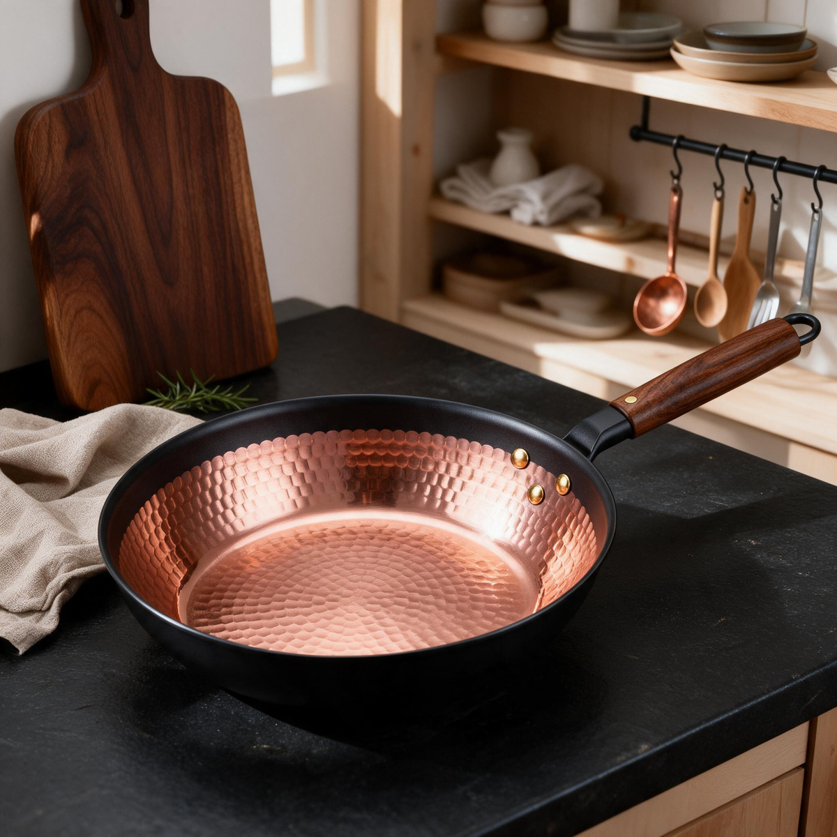 Hammered Copper Non-Stick Skillet | Hand-Forged Rose Copper Interior | Walnut Wood Handle | Brass Rivet Craftsmanship