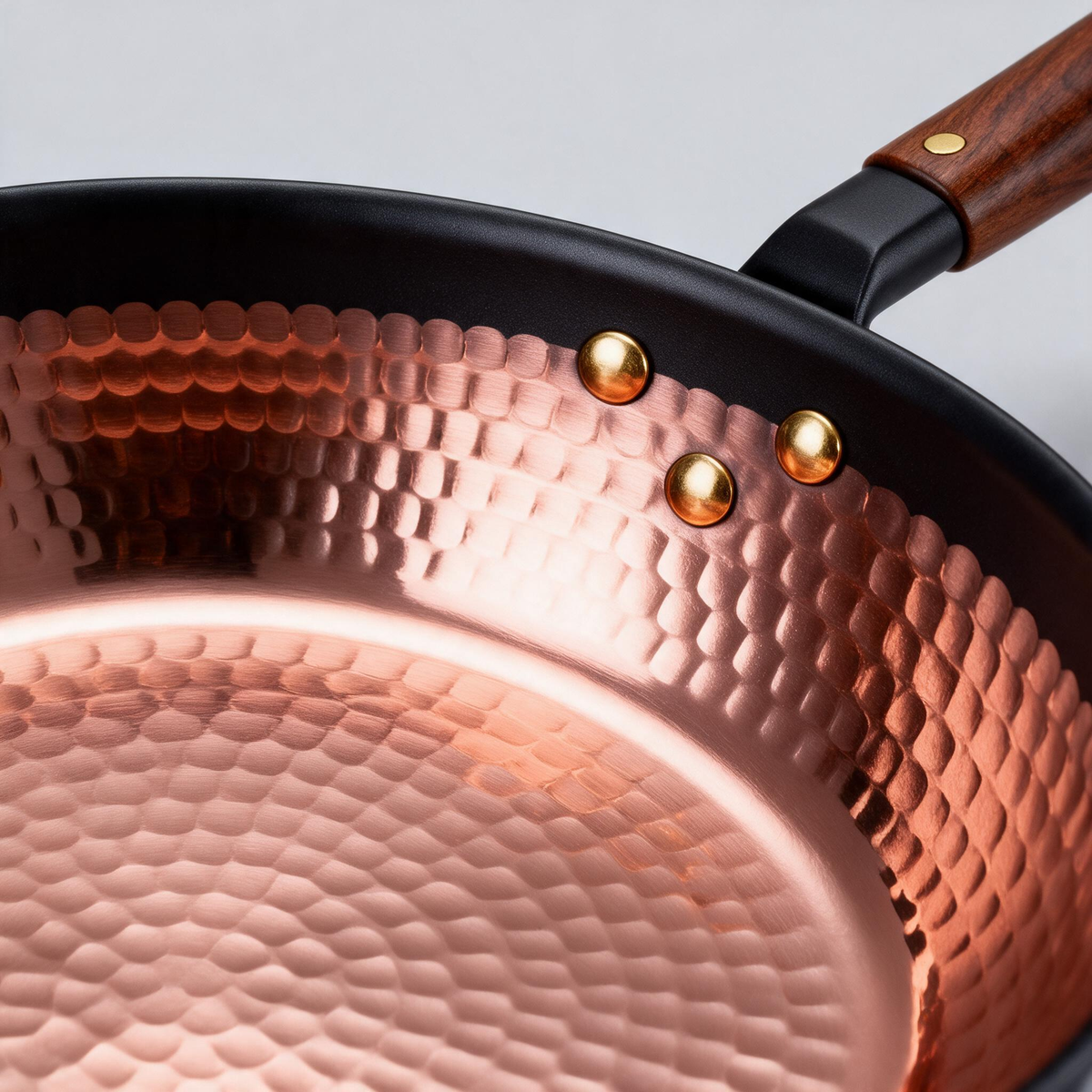 Hammered Copper Non-Stick Skillet | Hand-Forged Rose Copper Interior | Walnut Wood Handle | Brass Rivet Craftsmanship