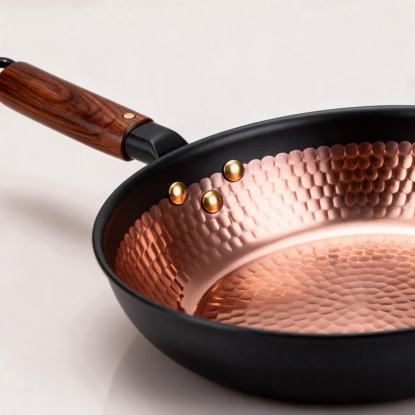 Hammered Copper Non-Stick Skillet | Hand-Forged Rose Copper Interior | Walnut Wood Handle | Brass Rivet Craftsmanship