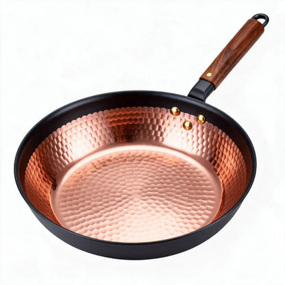 Hammered Copper Non-Stick Skillet | Hand-Forged Rose Copper Interior | Walnut Wood Handle | Brass Rivet Craftsmanship