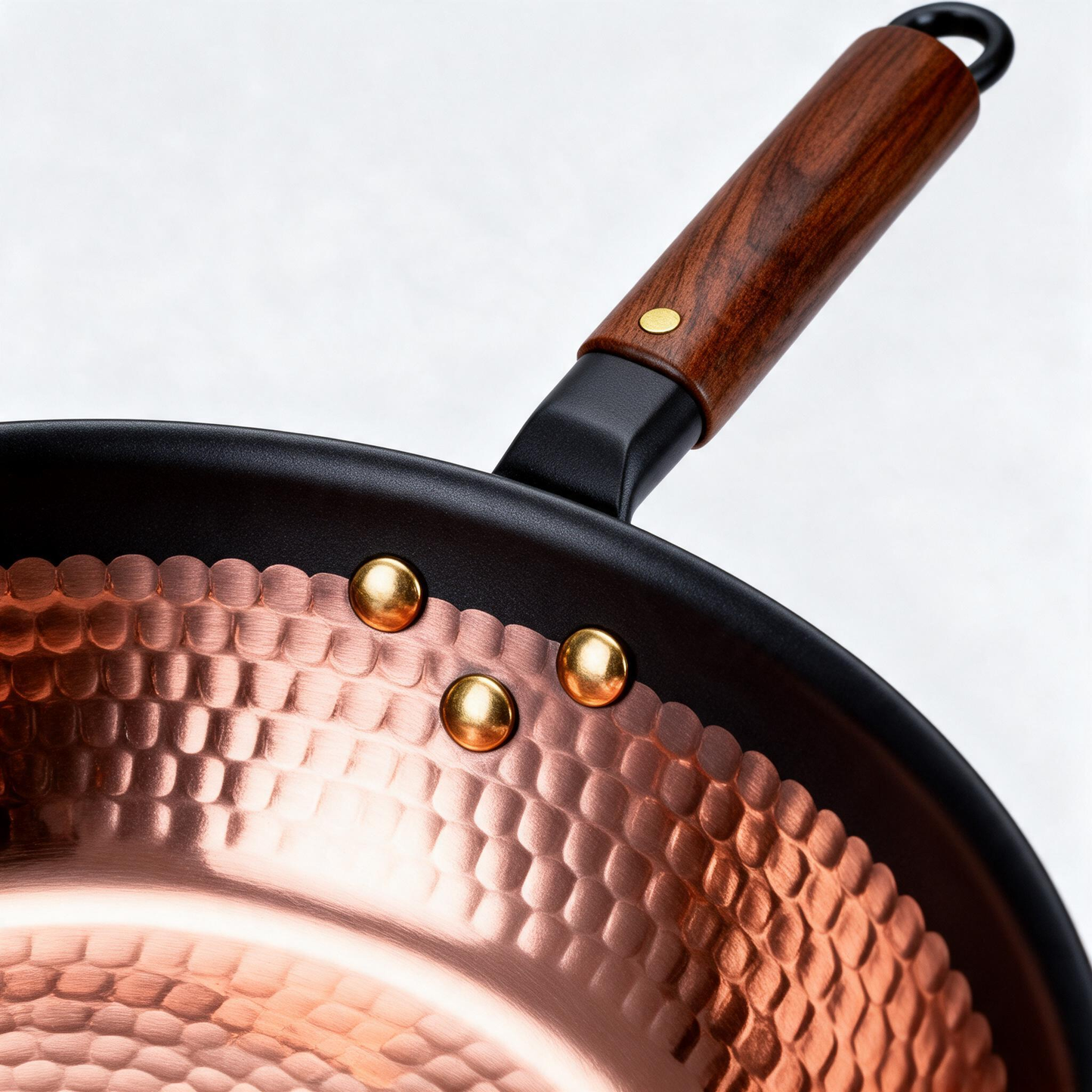 Hammered Copper Non-Stick Skillet | Hand-Forged Rose Copper Interior | Walnut Wood Handle | Brass Rivet Craftsmanship