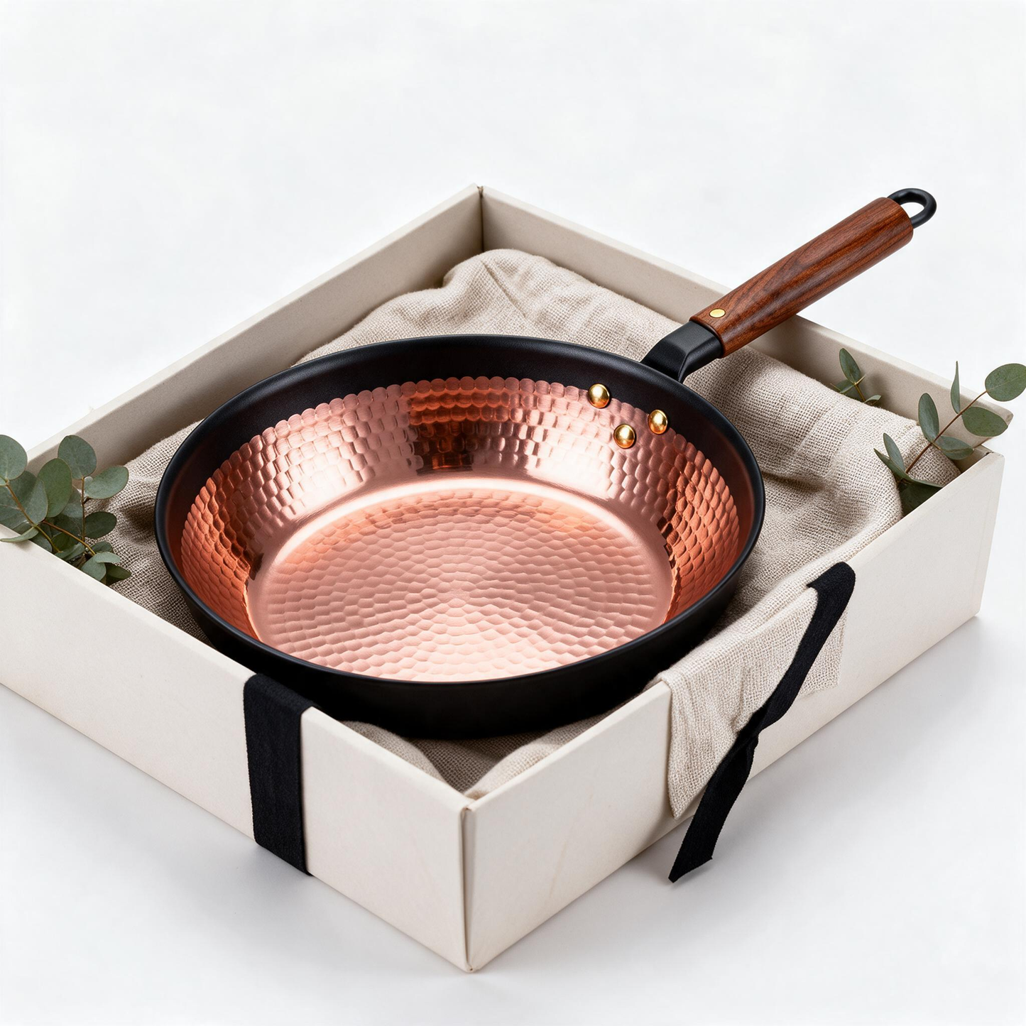 Hammered Copper Non-Stick Skillet | Hand-Forged Rose Copper Interior | Walnut Wood Handle | Brass Rivet Craftsmanship