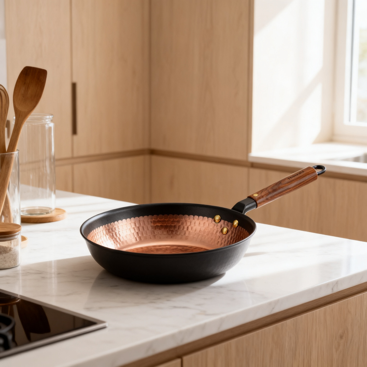 Hammered Copper Non-Stick Skillet | Hand-Forged Rose Copper Interior | Walnut Wood Handle | Brass Rivet Craftsmanship