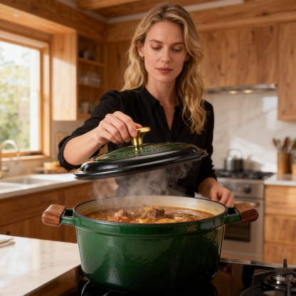 💚 Emerald Green Cast Iron Dutch Oven A timeless cookware piece designed to create unforgettable meals, warm memories, and beautiful kitchen moments