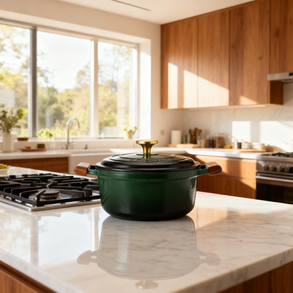 💚 Emerald Green Cast Iron Dutch Oven A timeless cookware piece designed to create unforgettable meals, warm memories, and beautiful kitchen moments