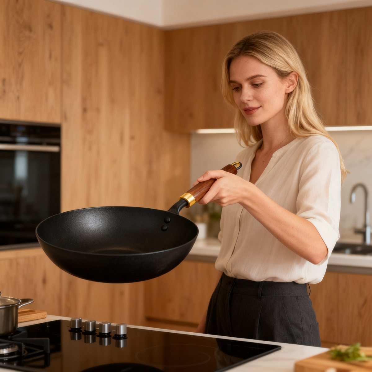 🍳 Natural Wood Handle Cast Iron Skillet A Timeless Kitchen Essential Designed for Flavor, Durability, and Everyday Cooking Moments