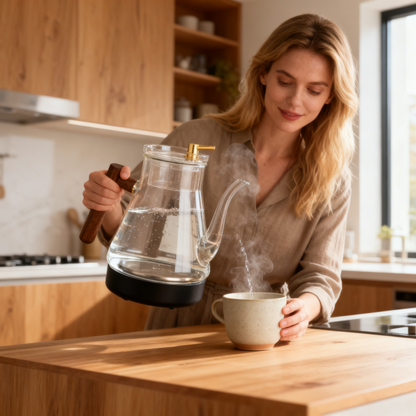 🍵 Elegant Glass Teapot with Natural Wood Handle A Beautiful Blend of Transparency, Nature, and Modern Tea Rituals