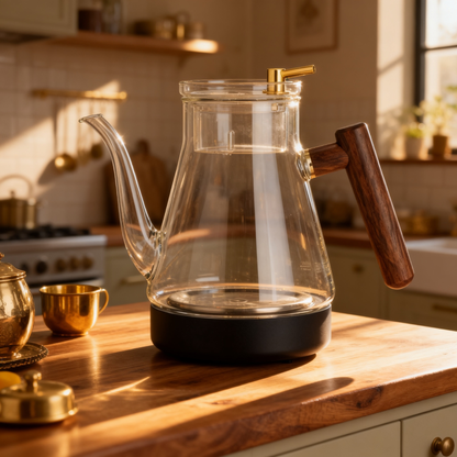 🍵 Elegant Glass Teapot with Natural Wood Handle A Beautiful Blend of Transparency, Nature, and Modern Tea Rituals